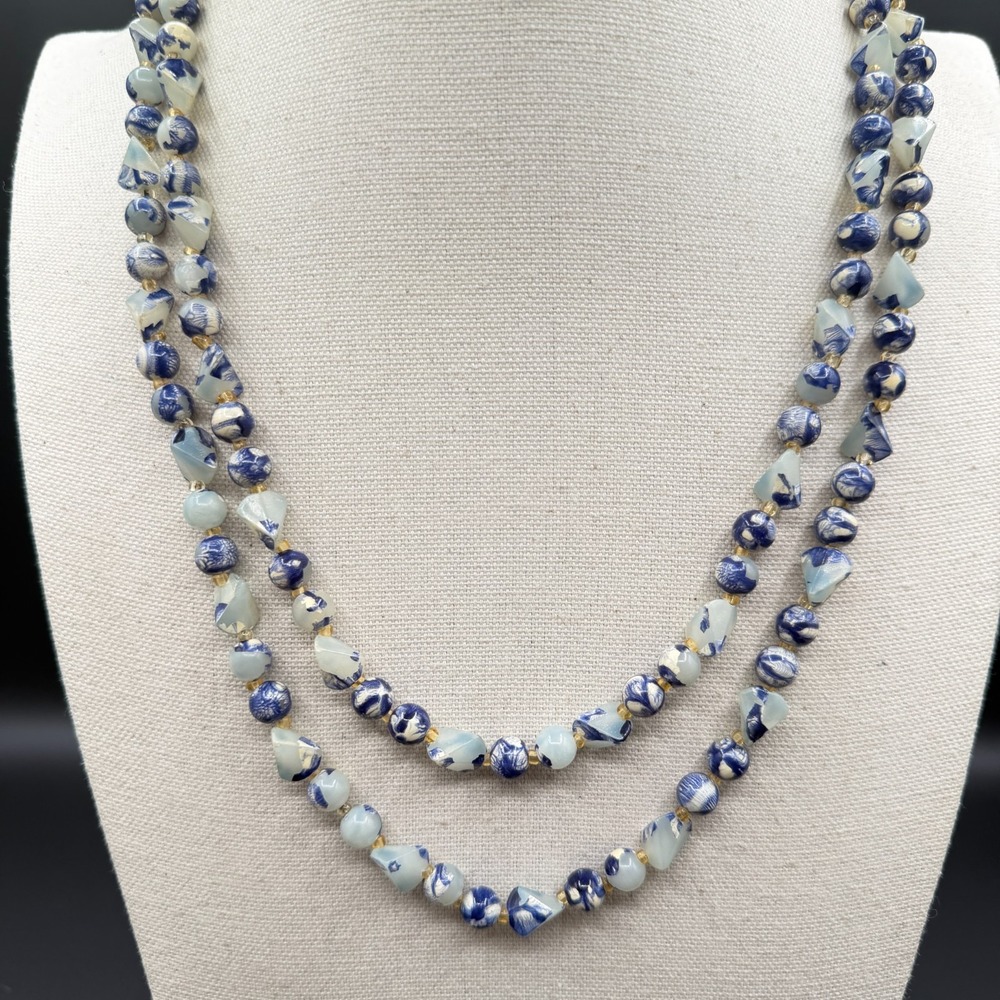Blue White Floral Bead Double Strand Necklace Layered Artisan Statement Jewelry